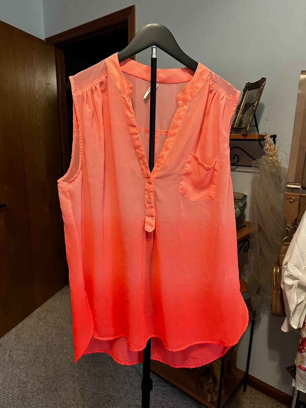 Truth NYC Coral Orange Ombre Sleeveless Blouse Henley V-Neck Tank Top 2X